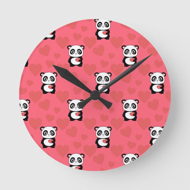 Cute Panda Holding Heart Pattern| Kawaii Valentine Round Clock (Front)