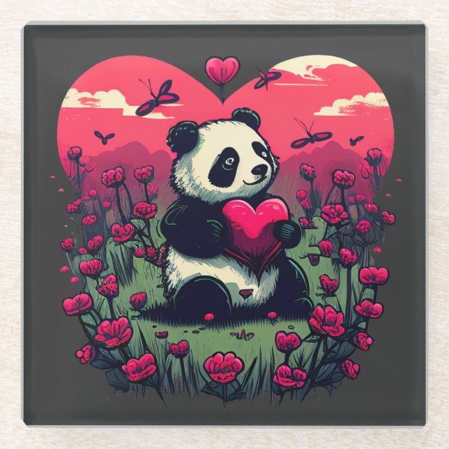 Cute Panda Holding Heart - Valentine's Day Gift Glass Coaster (Front)