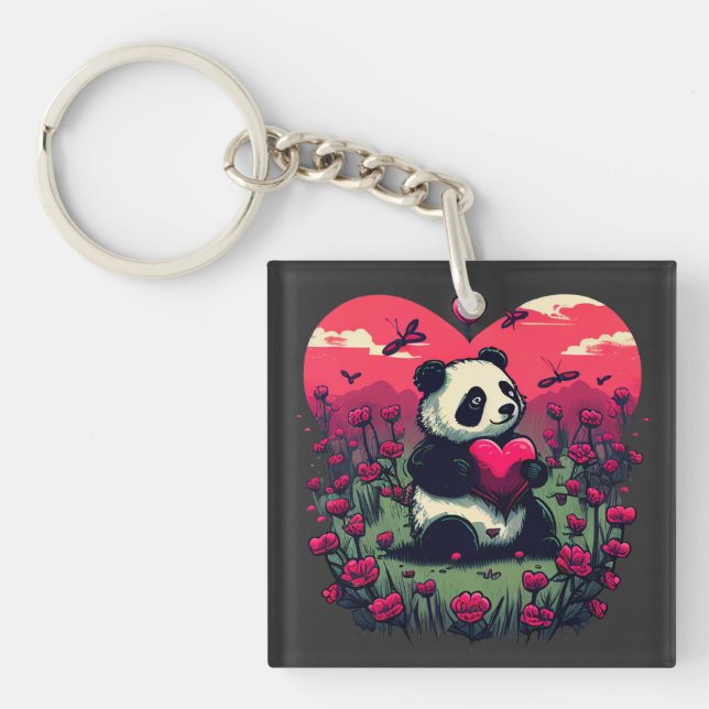 Cute Panda Holding Heart - Valentine's Day Gift Key Ring (Front)