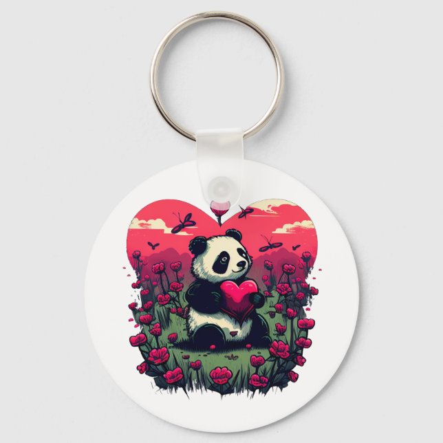 Cute Panda Holding Heart - Valentine's Day Gift Key Ring (Front)