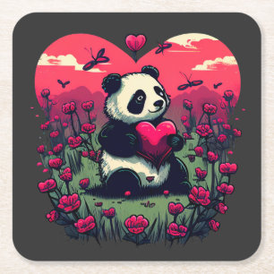 Cute Panda Holding Heart - Valentine's Day Gift Square Paper Coaster
