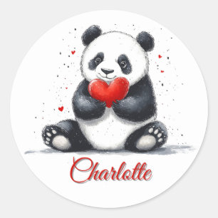 Cute Panda Holding Heart with Customizable Name Classic Round Sticker