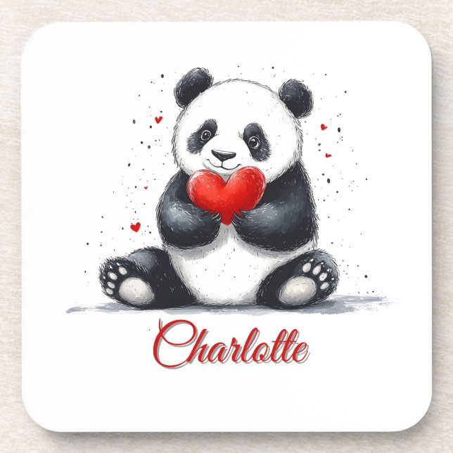 Cute Panda Holding Heart with Customizable Name Coaster (Front)