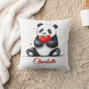 Cute Panda Holding Heart with Customizable Name Cushion