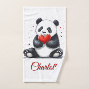 Cute Panda Holding Heart with Customizable Name Hand Towel