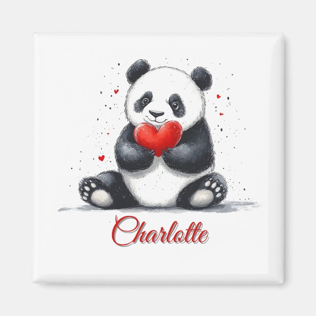 Cute Panda Holding Heart with Customizable Name Magnet (Front)