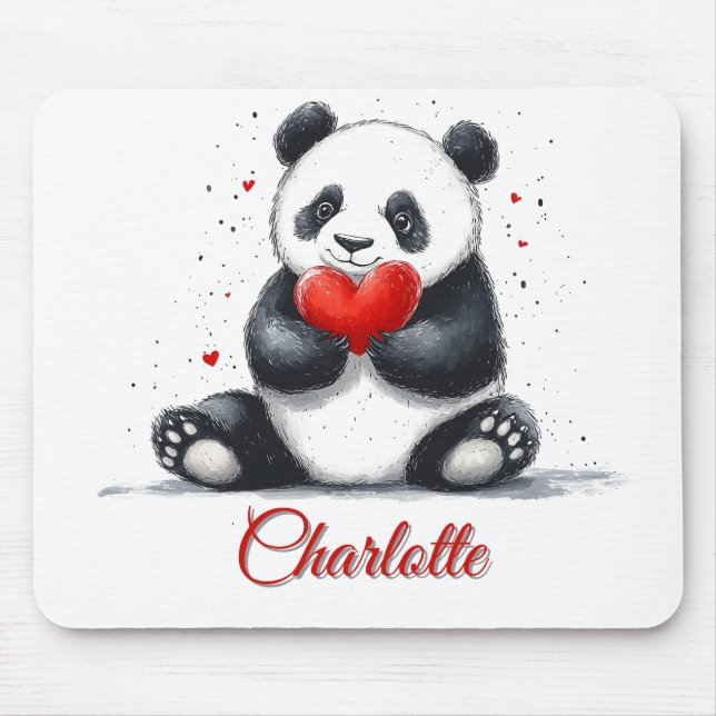 Cute Panda Holding Heart with Customizable Name Mouse Pad (Front)