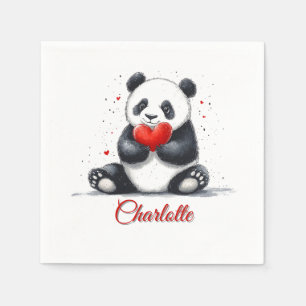 Cute Panda Holding Heart with Customizable Name Napkin