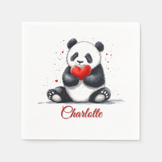 Cute Panda Holding Heart with Customizable Name Napkin (Front)