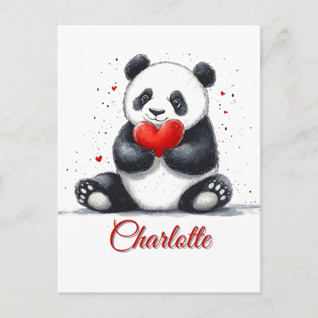 Cute Panda Holding Heart with Customizable Name Postcard (Front)