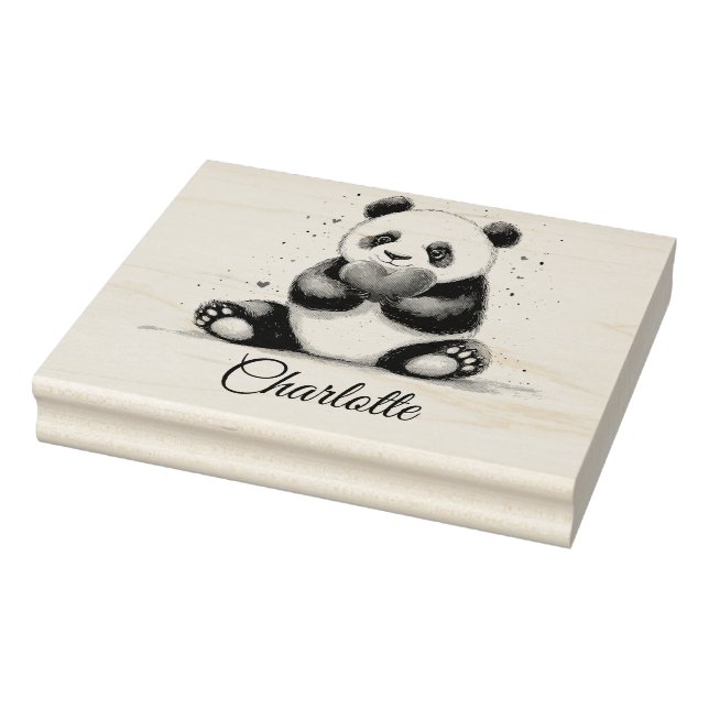 Cute Panda Holding Heart with Customizable Name Rubber Stamp (Stamp)