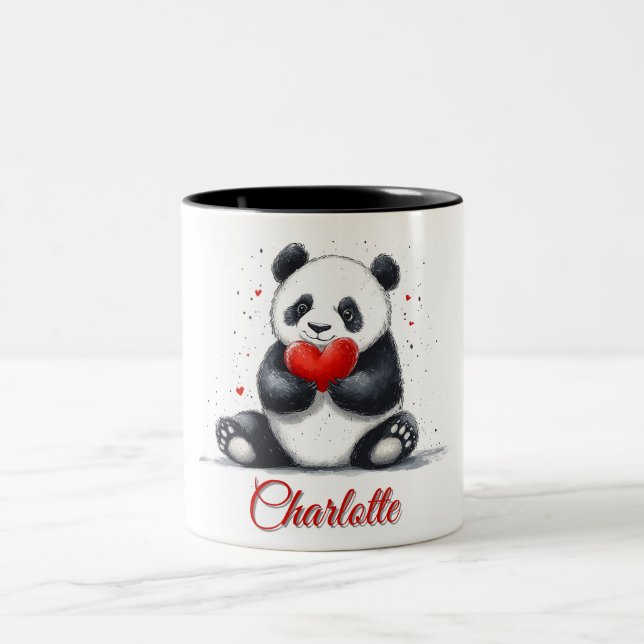 Cute Panda Holding Heart with Customizable Name Two-Tone Coffee Mug (Center)
