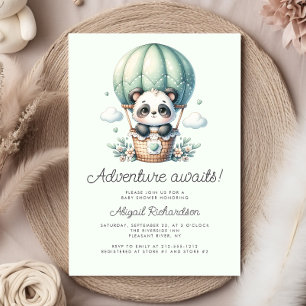 Cute Panda Hot Air Balloon Mint Green Baby Shower Invitation