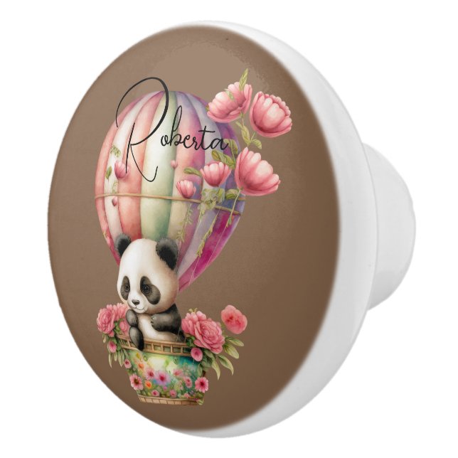 Cute panda in a hot air balloon brown bg custom ceramic knob (Right)