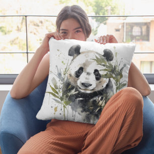 Cute panda in between bamboo watercolor cushion