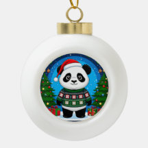 Cute Panda In Christmas Sweater Wears Santa Hat