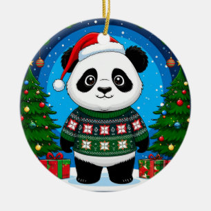 Cute Panda In Christmas Sweater Wears Santa Hat Ceramic Ornament