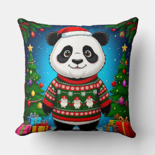 Cute Panda In Christmas Sweater Wears Santa Hat Cushion