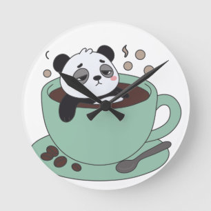 Cute Panda In Coffee Cup Coffee Lover Gift Round Clock