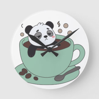 Cute Panda In Coffee Cup Coffee Lover Gift Round Clock
