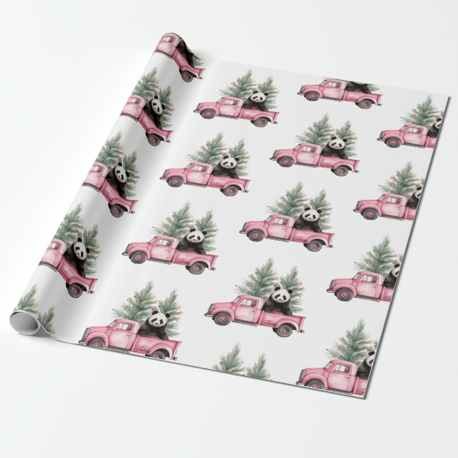Cute Panda in Pink Vintage Truck Wrapping Paper (Unrolled)