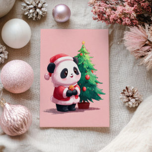 Cute Panda in Santa Costume Watercolor Christmas  Postcard