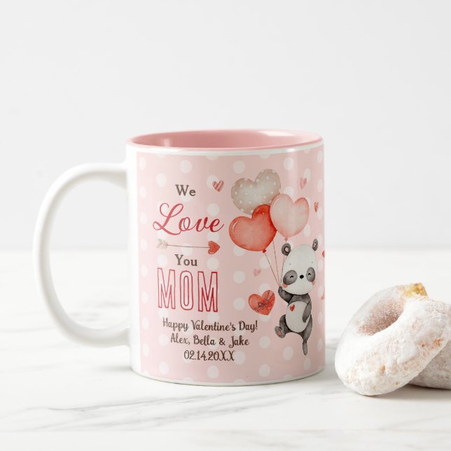 Cute Panda Love Red Heart Balloons Valentine's Two-Tone Coffee Mug (With Donut)