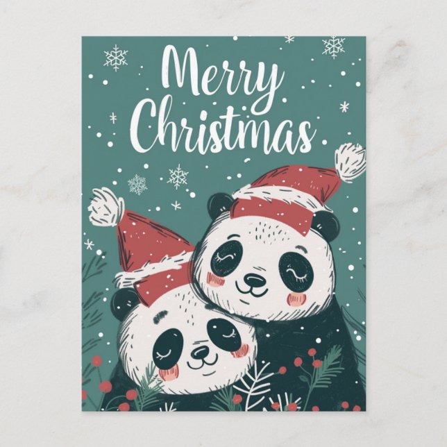 Cute Panda Merry Christmas  Postcard (Front)
