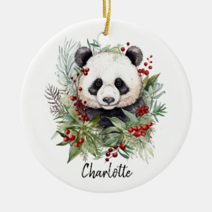 Cute Panda Merry Christmas Winter botanicals Ceramic Ornament
