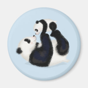 Cute panda mother and cub round magnet (blue)