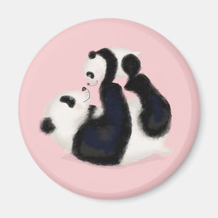 Cute panda mother and cub round magnet (pink)