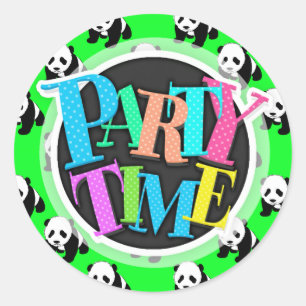 Cute Panda; Neon Green, Black & White Classic Round Sticker