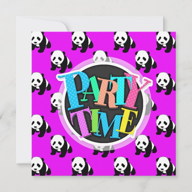 Cute Panda; Neon Purple, Black & White Invitation (Front)