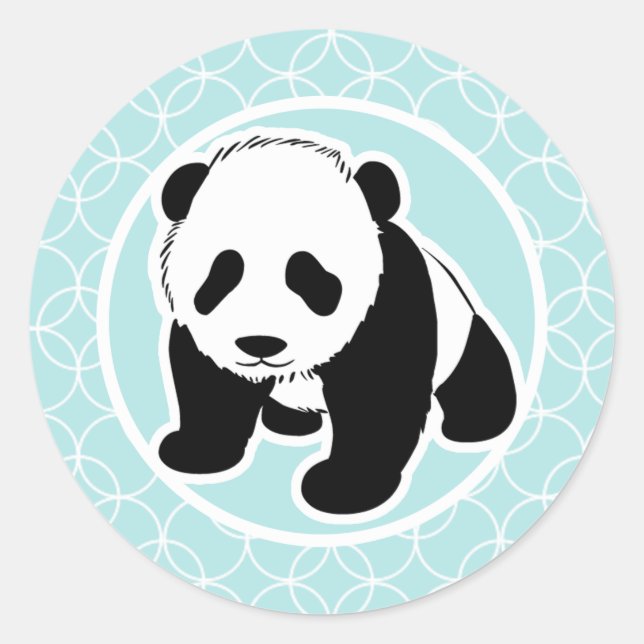 Cute Panda on Baby Blue Circles Classic Round Sticker (Front)