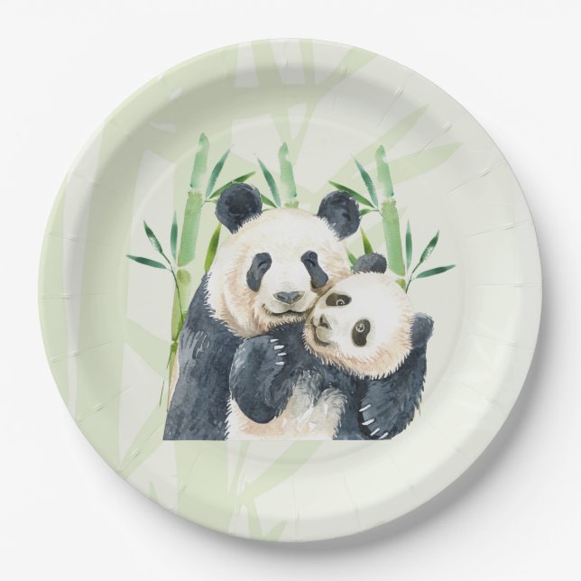 Cute Panda Pair & Bamboo Watercolor Paper Plate (Front)