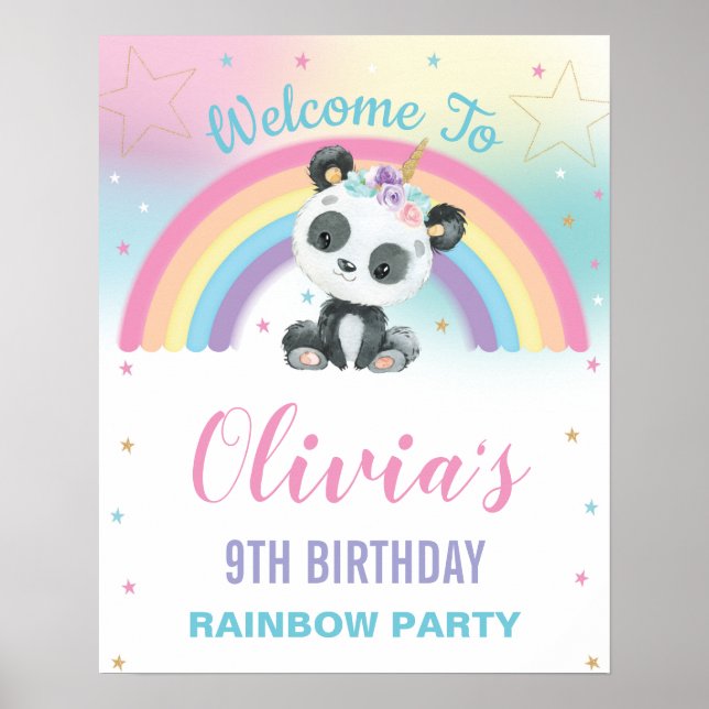  Cute Panda Pandacorn Rainbow Birthday Welcome   Poster (Front)