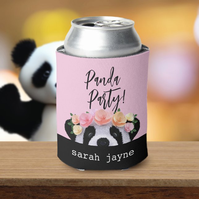 Cute Panda Party Personalised Pink Can Cooler (Pandas love to party! Just add your name)