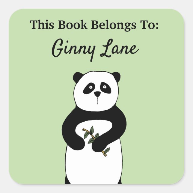 Cute Panda Personalised Book Plate Square Sticker (Front)