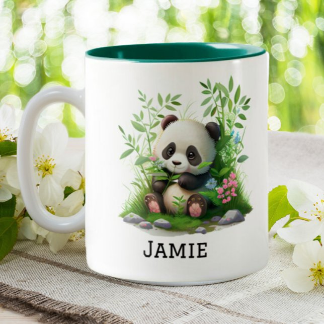 Cute Panda Personalised Floral Bamboo Two-Tone Coffee Mug (Creator Uploaded)