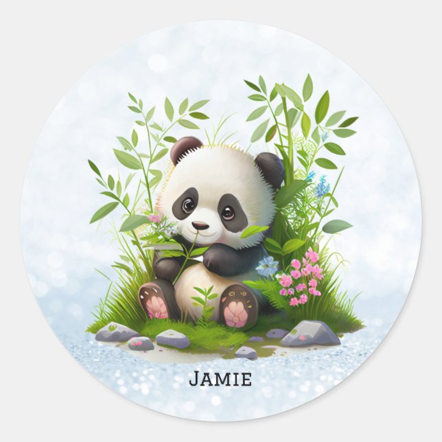 Cute Panda Personalised Pink Floral Bamboo Classic Round Sticker (Front)