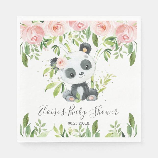 Cute Panda Pink Floral Greenery Baby Shower Party Napkin (Front)