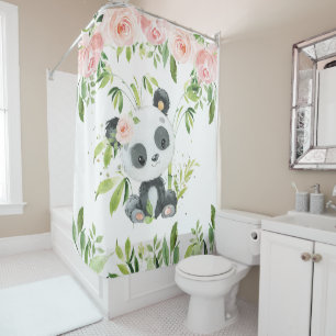 Cute Panda Pink Floral Greenery Bamboo Shower Curtain