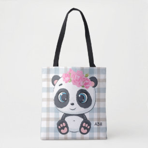 Cute Panda Pink Floral Monogram Name Tote Bag