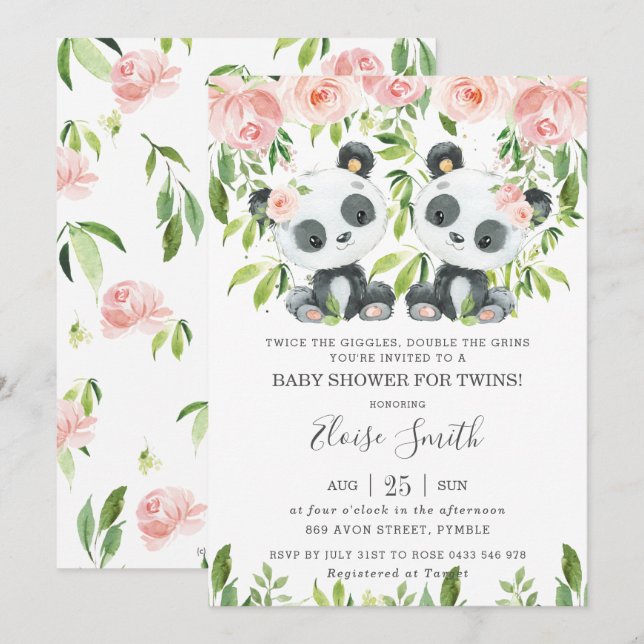 Cute Panda Pink Floral Twin Girls Baby Shower  Invitation (Front/Back)
