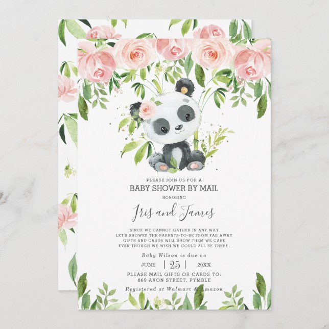 Cute Panda Pink Floral Virtual Baby Shower by Mail Invitation (Front/Back)