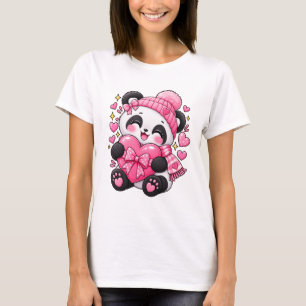 Cute Panda Pink Heart Happy Design T-Shirt