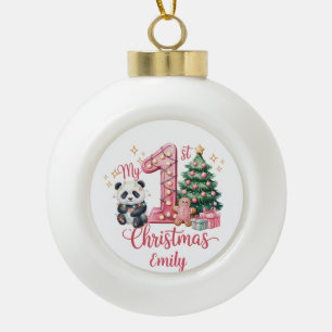 Cute Panda Pink My First Christmas Personalise Ceramic Ball Christmas Ornament