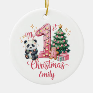 Cute Panda Pink My First Christmas Personalize Ceramic Ornament