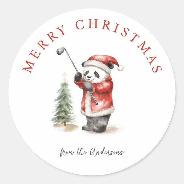 Cute Panda playing golf Christmas  Classic Round Sticker (Front)