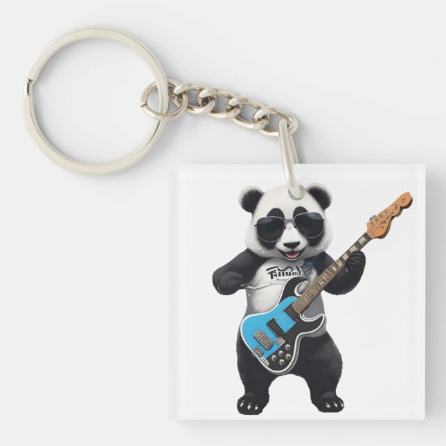 Cute Panda Playing Guitar, Music Panda Lovers Key Ring (Front)
